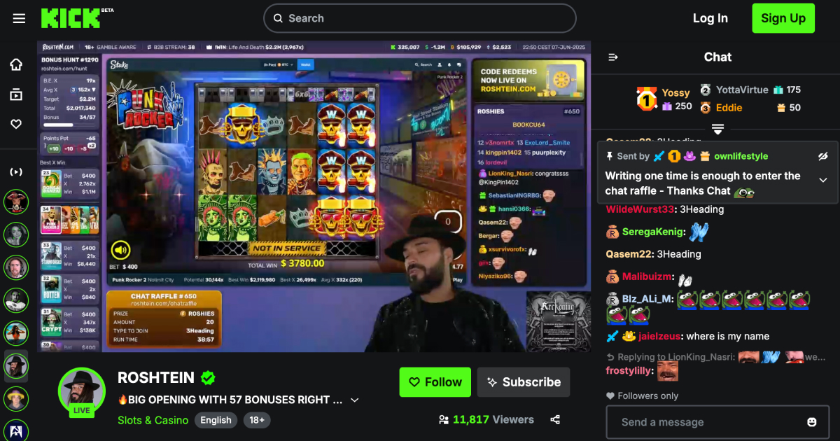 Kick.com home page UI with ROSHTEIN streamer