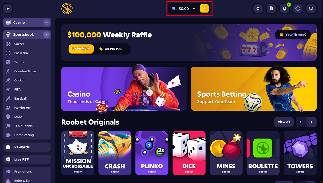 Roobet Solana deposit start