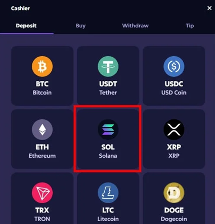 Roobet select SOL deposit