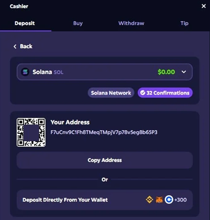 Roobet SOL deposit enter amount